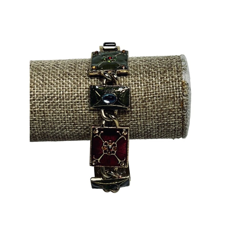 Liz Claiborne Gold Tone, Green & Red Enamel And Rhinestone Link Bracelet (5392)
